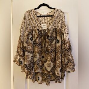 Cream, Brown and Black Flowy Top! Great over a camisole! Sz L NWT